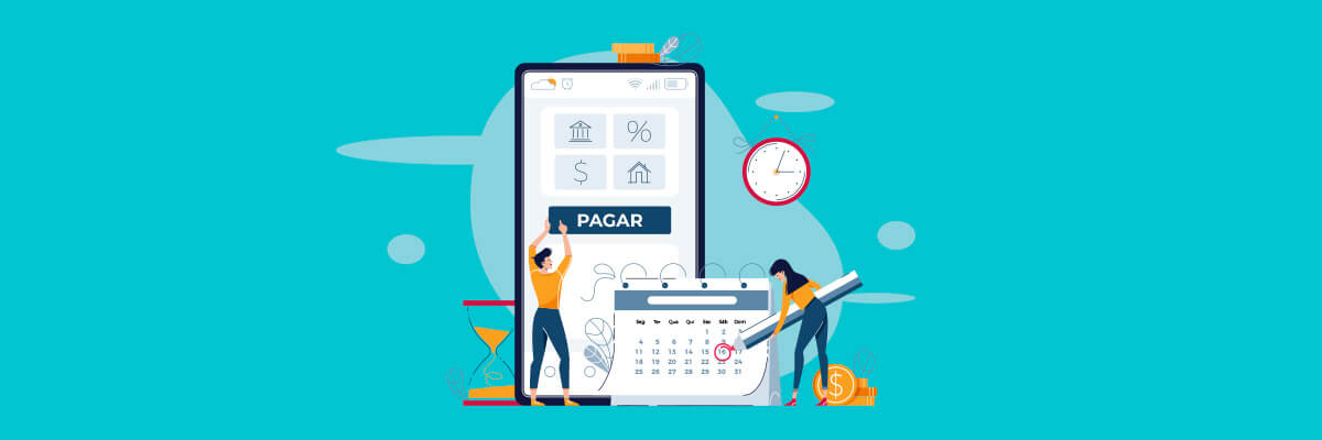 pessoa anotando o dia certo no calendário enquanto outra apertando o botão "pagar" no celular